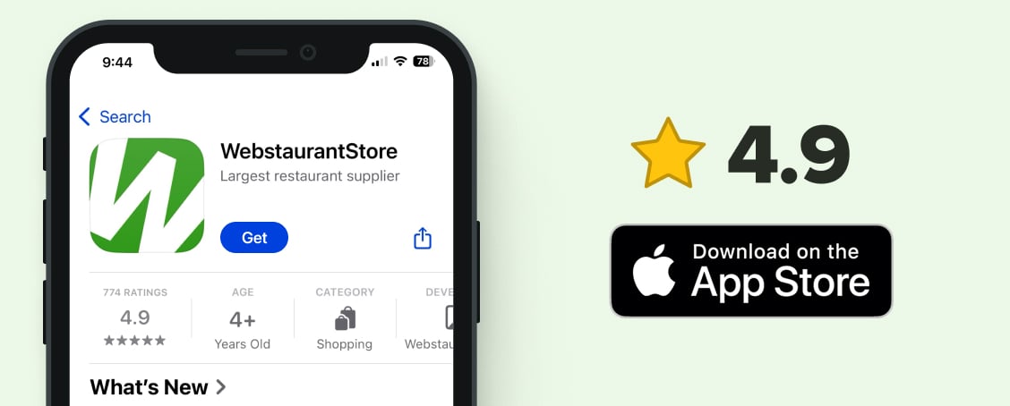 An iPhone showing the app store listing for WebstaurantStore with ratings