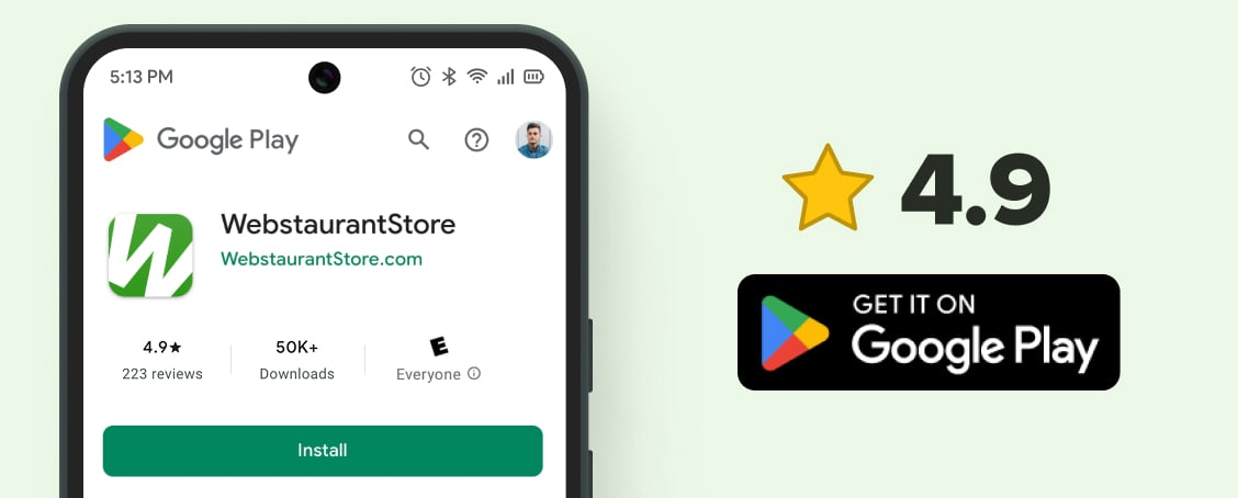 A Pixel 8 smartphone showing the Play Store listing for WebstaurantStore with ratings