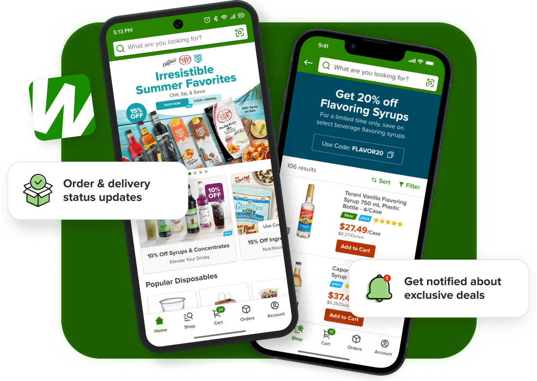 Two smartphone devices next to each other showing the WebstaurantStore app on the screen