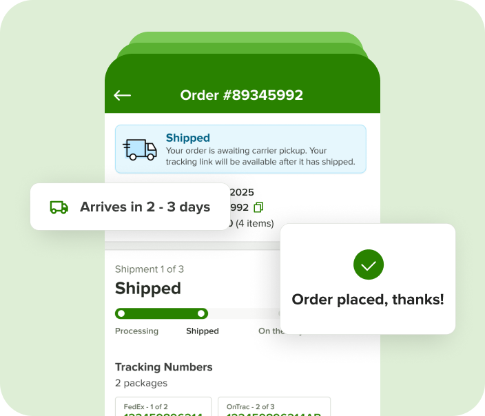 in app showing order section with estimated ship times