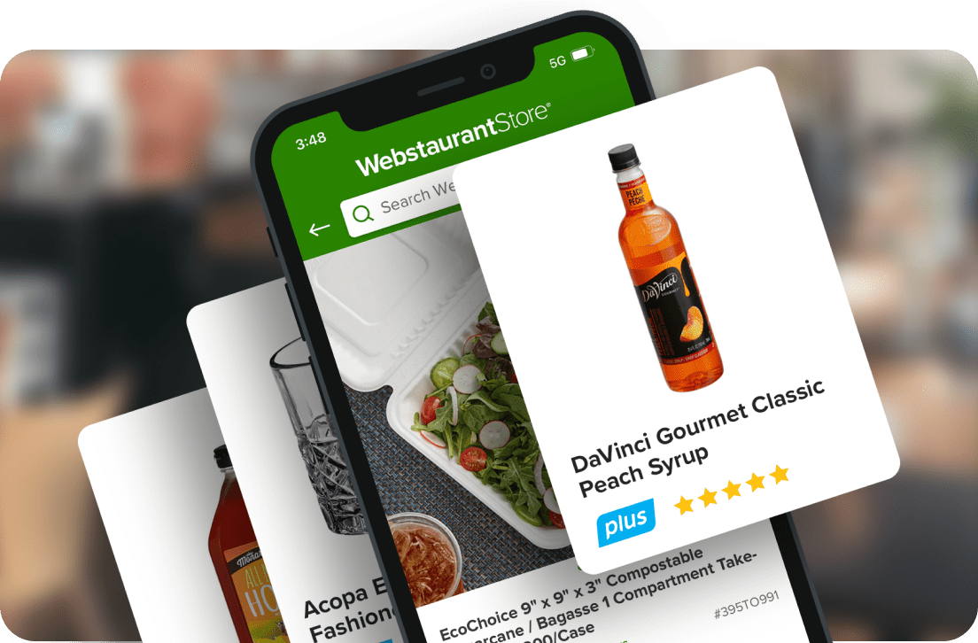 Showing app with different product pages like peach syrup and Acopa drinking glasses