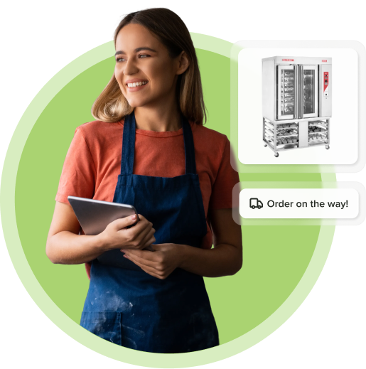 Woman holding a tablet with a fridge in a bubble showing order on the way