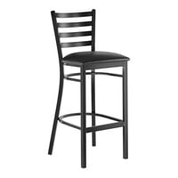 Lancaster Table & Seating Black Finish Ladder Back Bar Stool with 2 1/2 inch Black Vinyl Padded Seat - Detached Seat